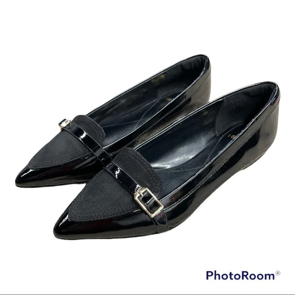 EUC Isola classic black patent leather suede pointed toe flats 7.5 M minimalist - Picture 1 of 14